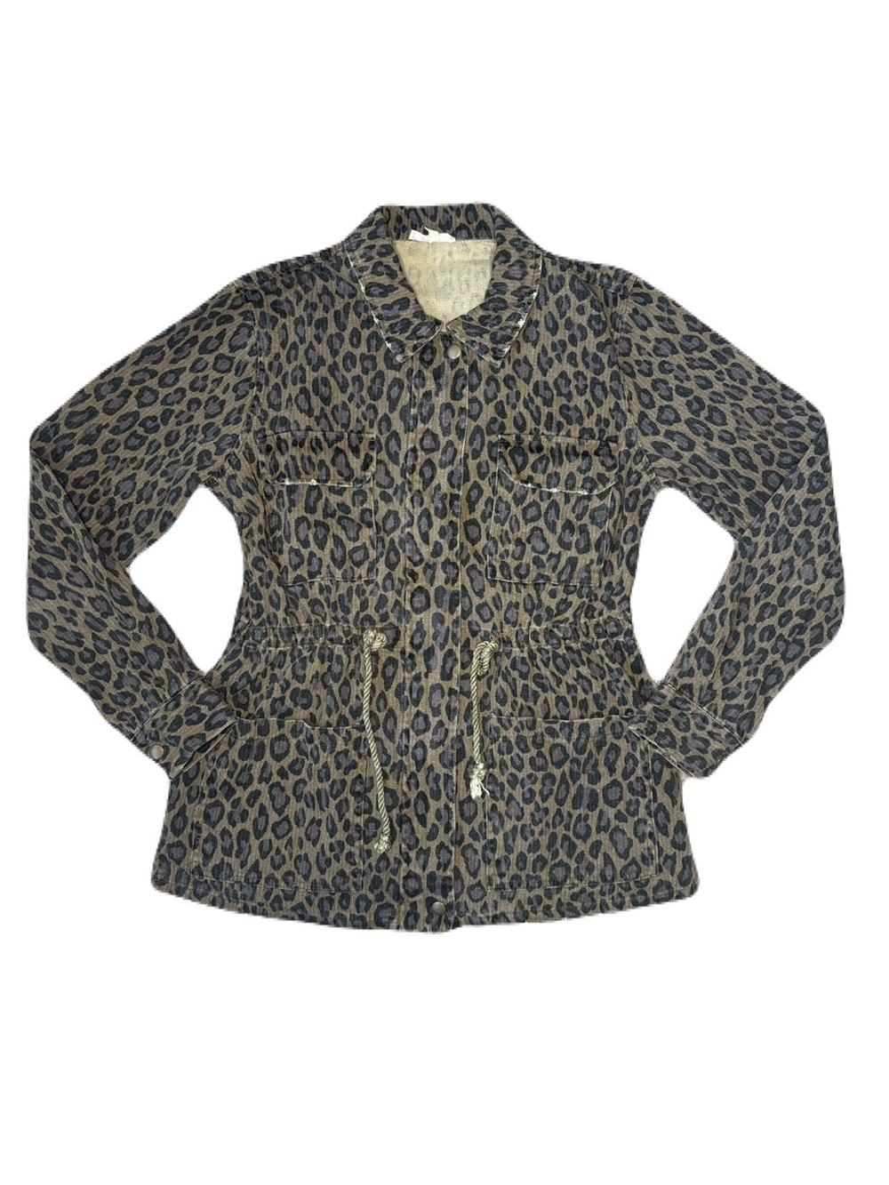 Mystree Leopard Print Drawstring Cotton Jean Jacket - Green/Black